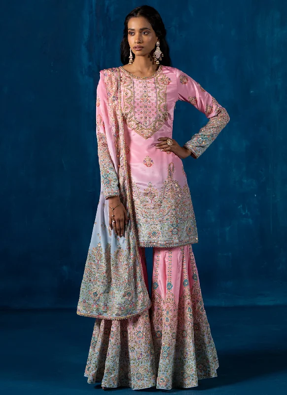 Casual Fit Pink Multicolor Embroidered Gharara Suit