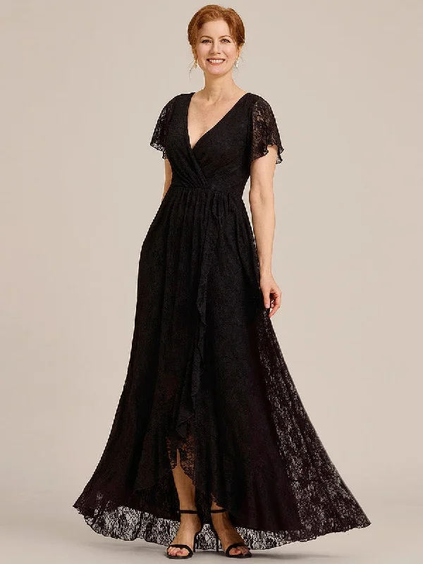 Relaxed Fits Pleated V-Neck Short Sleeve Ruffled Lace Formal Mother of the Bride Dress