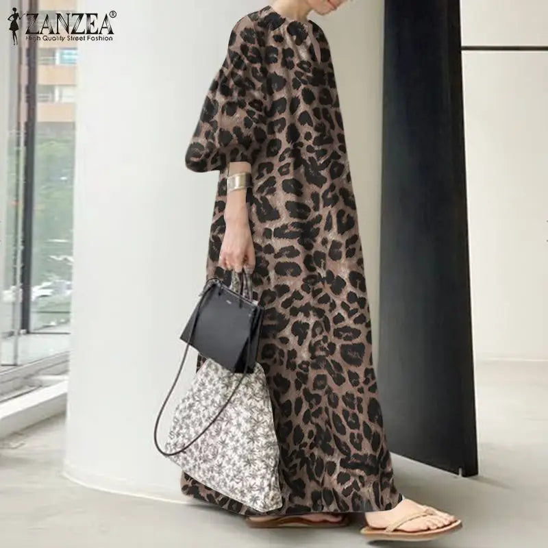 Simple Looks Trendy Touch Balloon Sleeve Leopard Print Maxi Dress