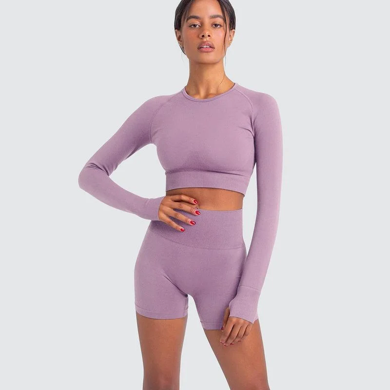 Long Sleeve Shorts Suit-Light Purple