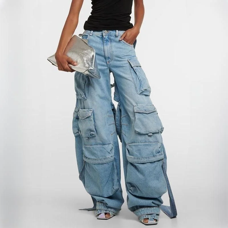 Cozy Lifestyle High Waist Spliced Cargo Denim Trousers