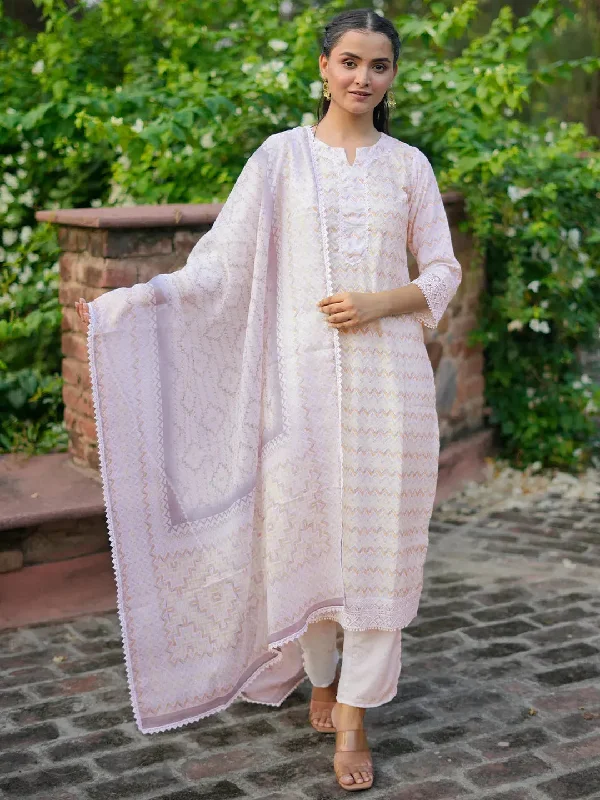 Effortless Looks Off White Embroidered Cotton Blend Straight Suit With Dupatta