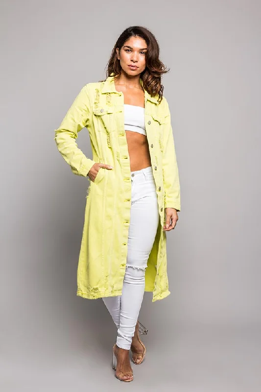 Elegant Casuals Super Long Distressed Denim Jean Jacket