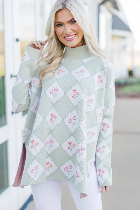 Cozy Fashions Quick Decisions Sage Green Floral Argyle Sweater