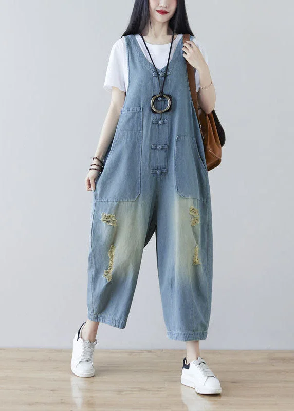 Modern Chic Women Light Blue Oriental Button Ripped Cotton Denim Jumpsuit Spring