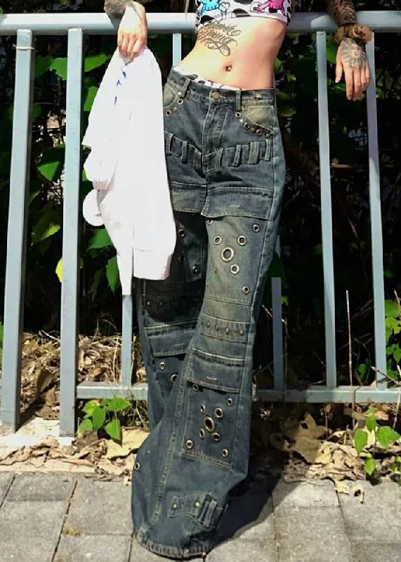 Casual Chic Looks European And American Style Blue Rivet Denim Wide Leg Pants Spring