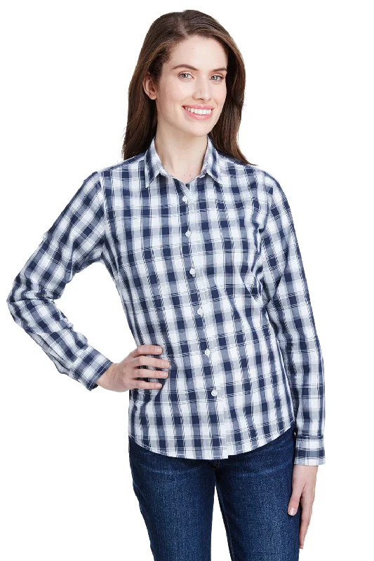 Comfortable Lifestyle Artisan Collection Womens Mulligan Check Long Sleeve Button Down Shirt - White/Navy Blue