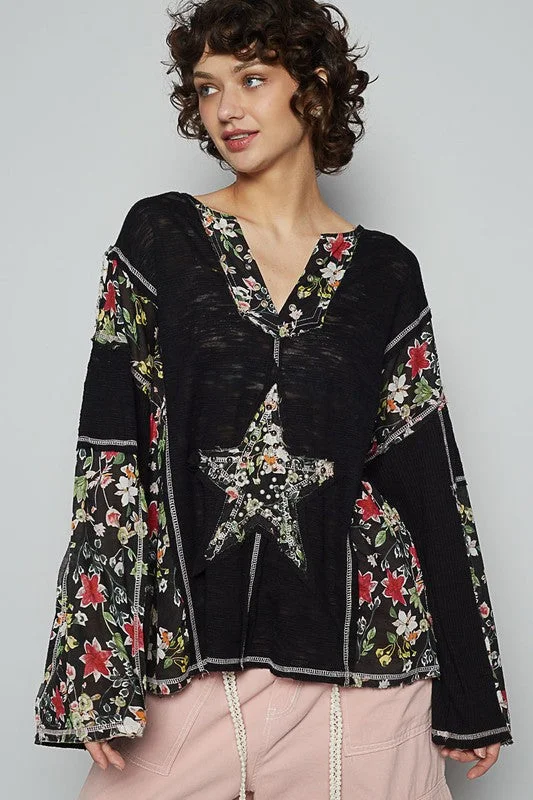 Cozy Chic Wear POL Floral Stud Detail Star Patch Notched Long Sleeve T-Shirt