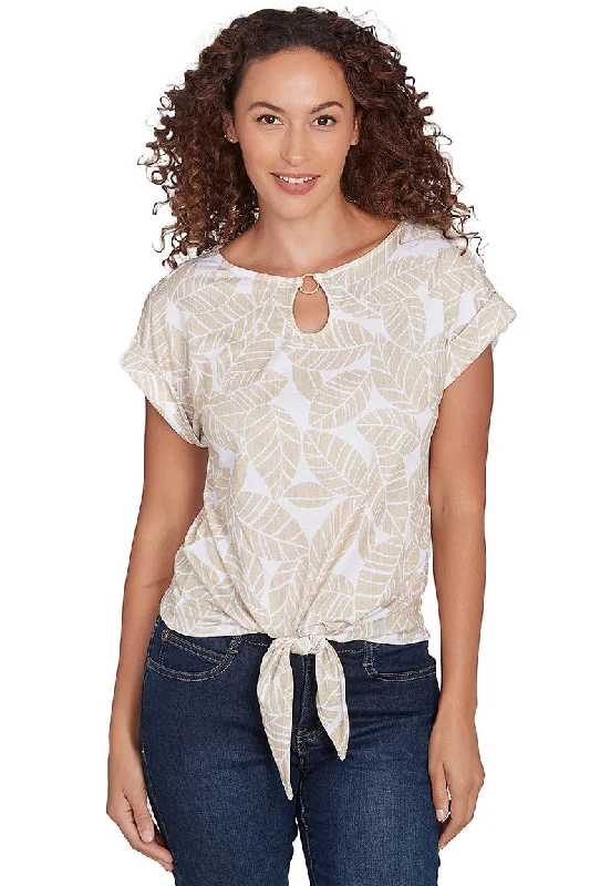 Comfortable Sweaters Petite Spring Forward Leaf Crinkle Tie-Front Top