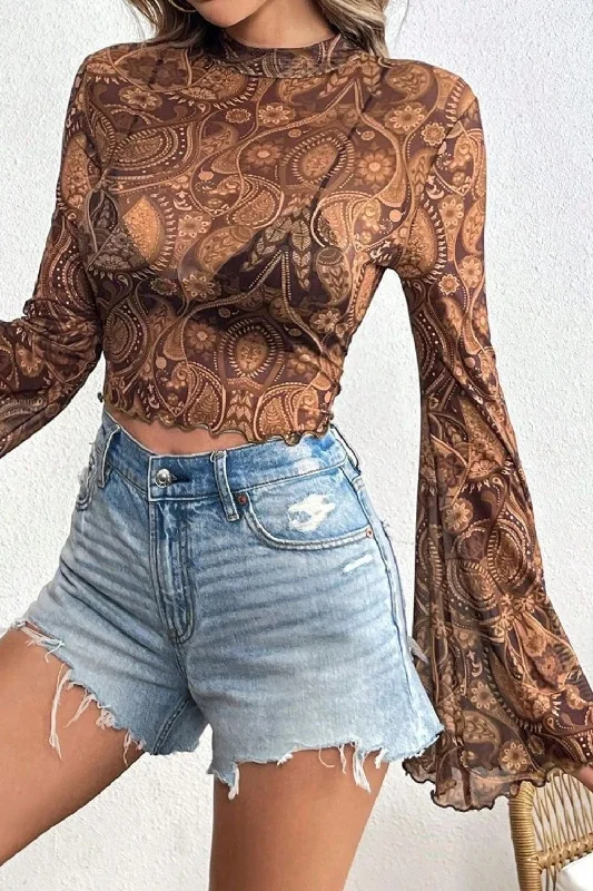 Comfy Dress Printed Mock Neck Flare Sleeve Top