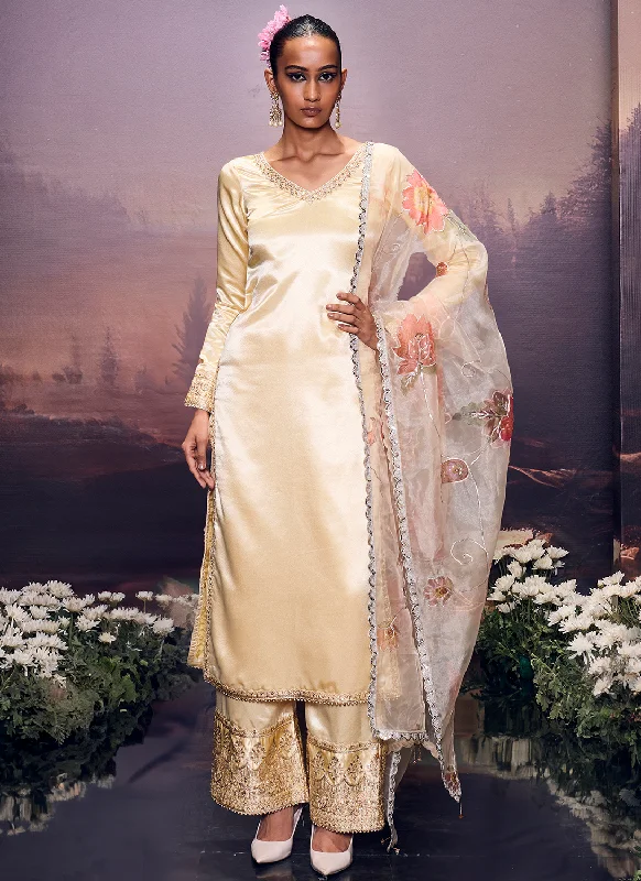Urban Chic Soft Yellow Embroidered Palazzo Suit