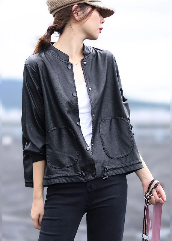 Modern Comfort Wear Women Black button drawstring Stand Collar Faux Leather Coats Long Sleeve