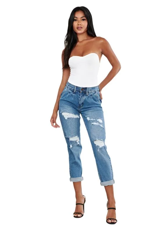 Trendy Layers High Waisted Boyfriend Jeans Womens