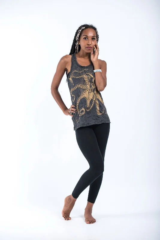 Comfortable Sweaters Womens Octopus Tank Top in Gold on Black