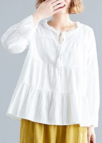 Comfortable Sweaters Italian white v neck cotton linen tops women blouses patchwork daily fall blouse