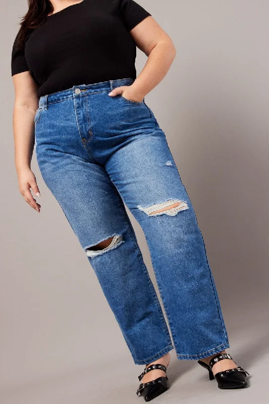Soft Trends Denim Baggy Jeans High Rise Knee Distress