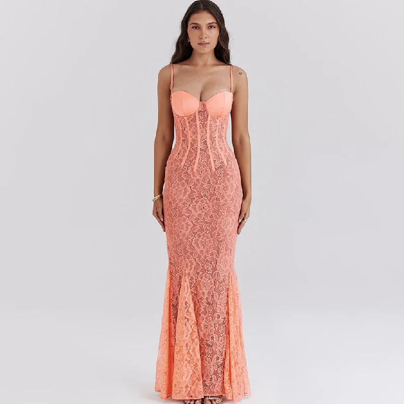 Effortless Outfits Romantic Floral Lace Bustier Spaghetti Strap Bodycon Godet Fishtail Maxi Dress