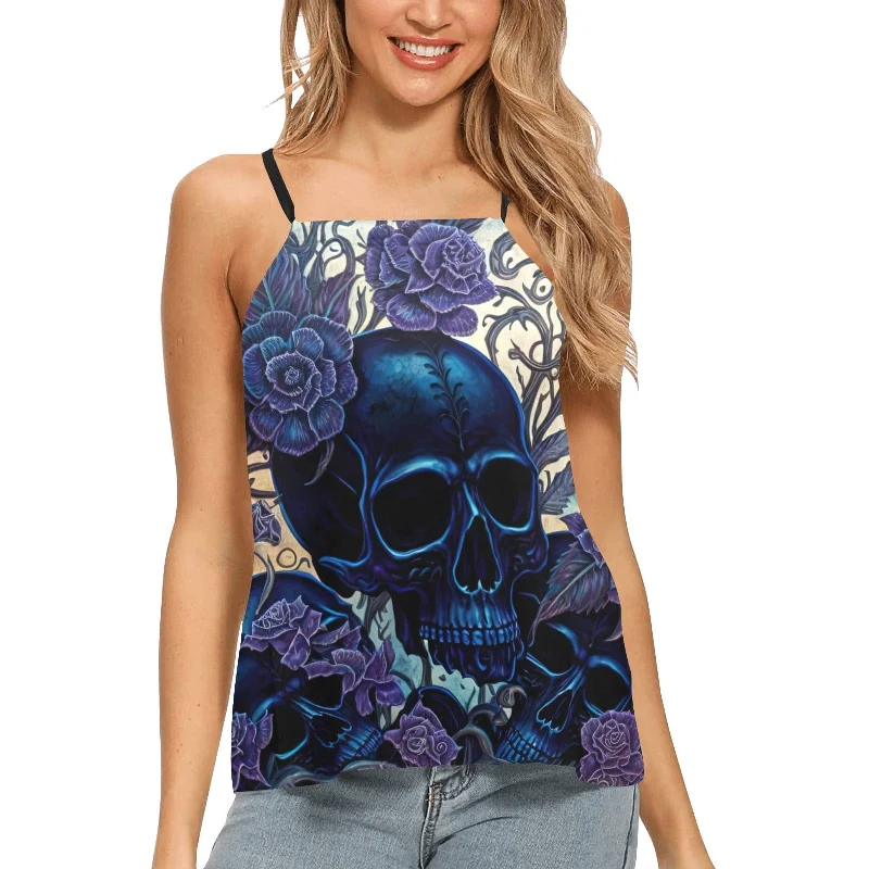 Cozy Lounge Wear Women's Blue Skull Floral Loose Spaghetti Strap Tank Top