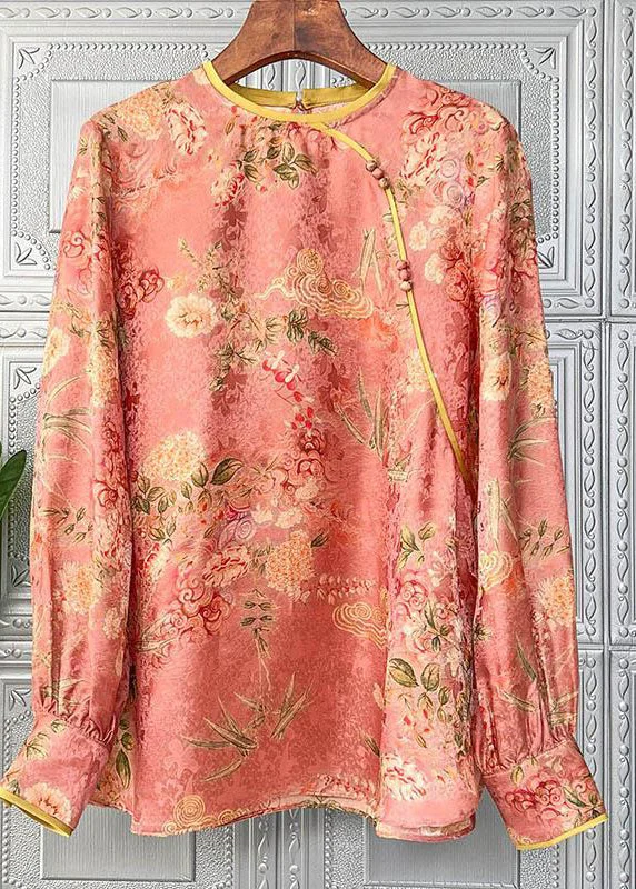 Elegant Casuals Handmade Orange O-Neck Button Patchwork Chiffon Blouse Tops Long Sleeve