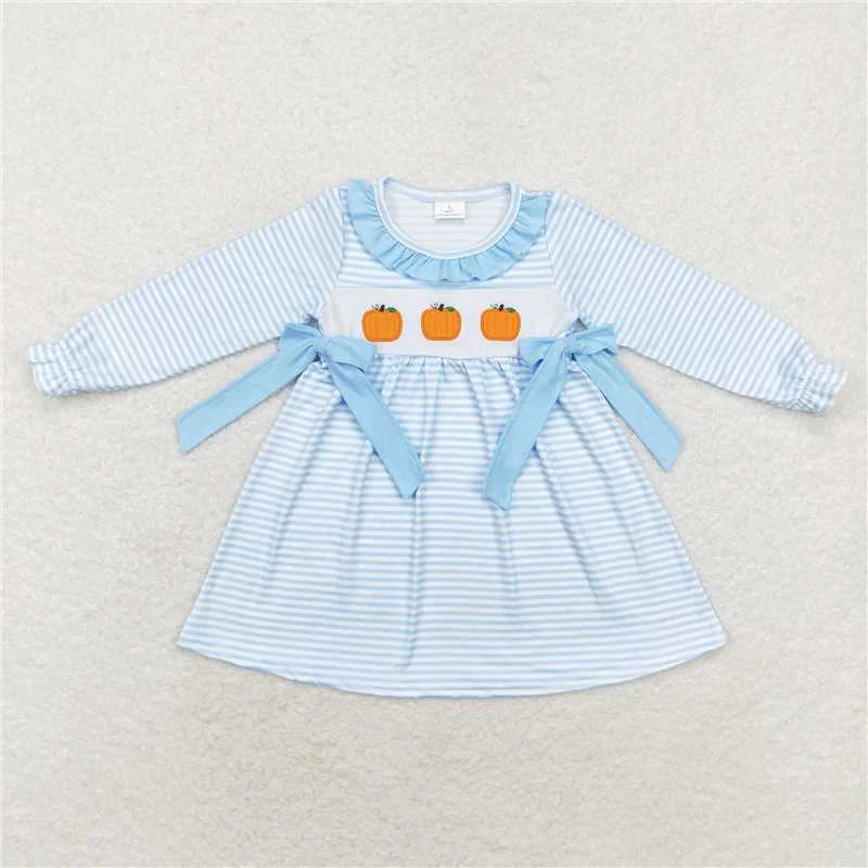 Sporty Wear GLD0614  Baby Girls Blue Stripes Pumpkin Bows Knee Length Dresses