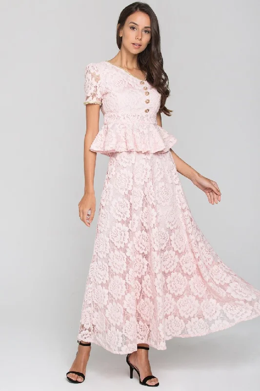 Chic Outfits Pink Velvet Flower Lace Midi Dress