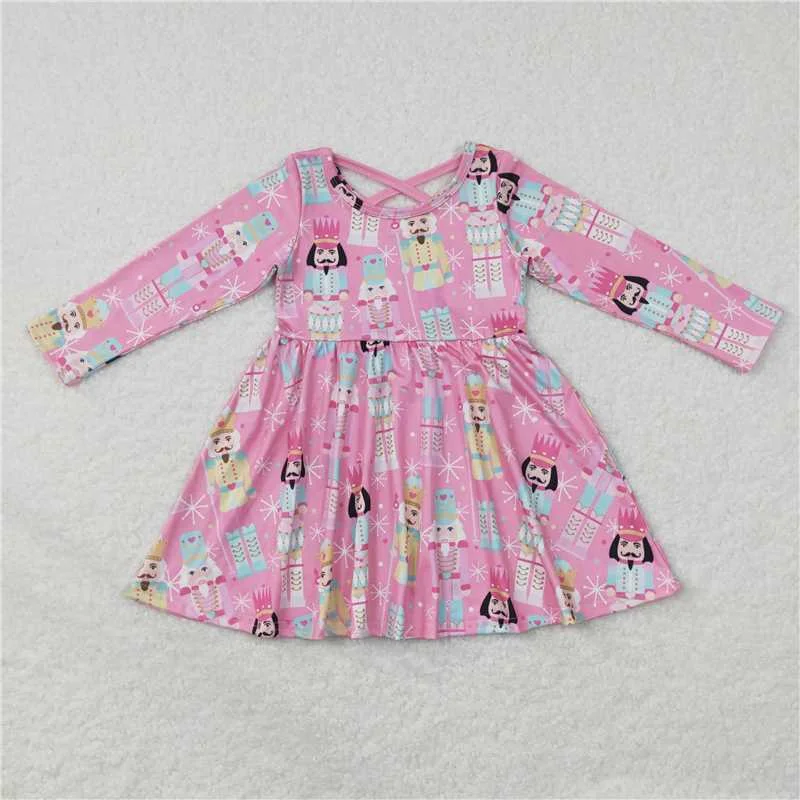 Versatile Comfort Wear GLD0384 Baby Girls Christmas Pink Soldier Back Cross Long Sleeve Dresses