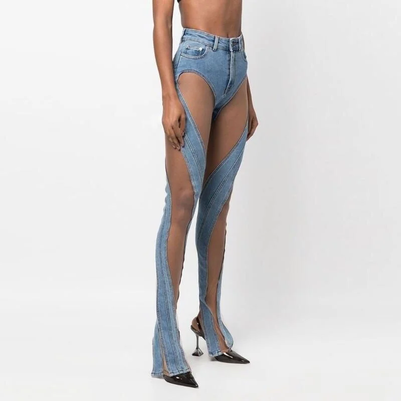 Soft Relaxation Wear High Waist Sheer Mesh Patchwork Flare Denim Pants