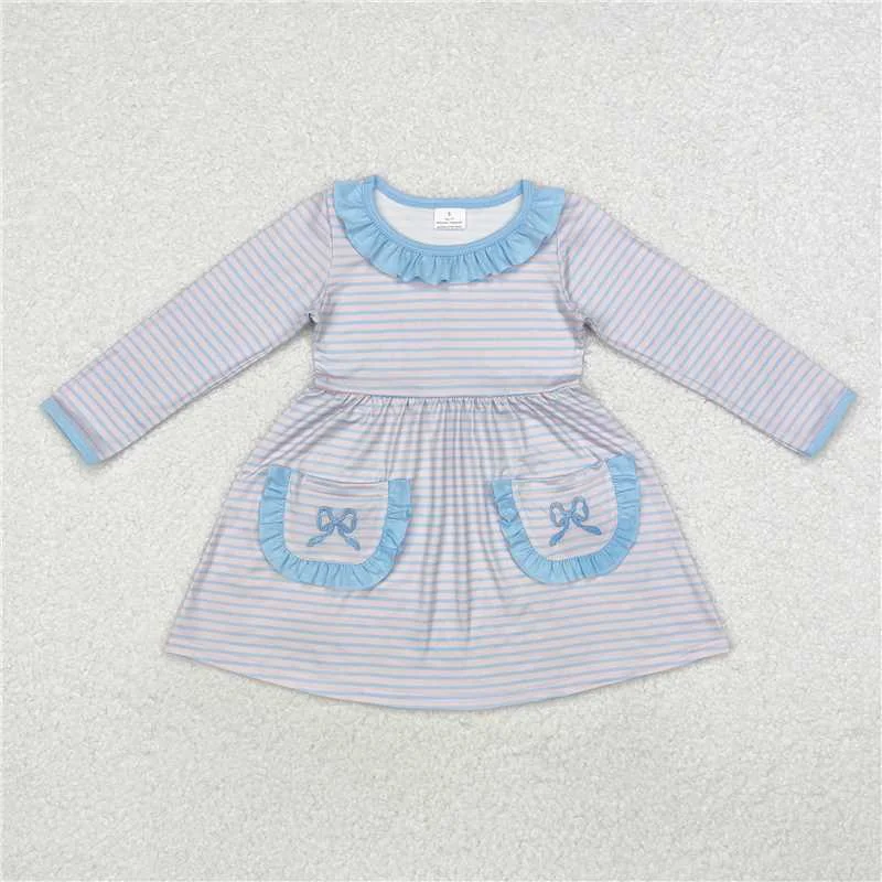 Comfortable Chic GLD0679  Baby Girls Pink Stripes Bows Pockets Knee Length Dresses