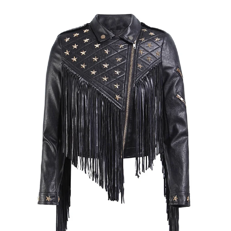 Simple Chic Gothic Metal Star Stud Zip Up Long Sleeve Fringe Vegan Leather Biker Jacket