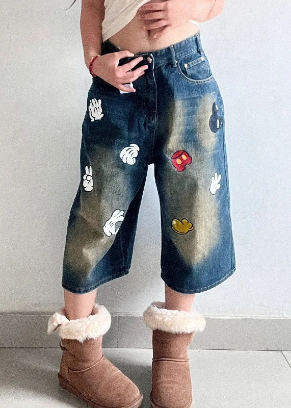 Casual Ease Style Blue Pockets Print Denim Crop Pants Spring