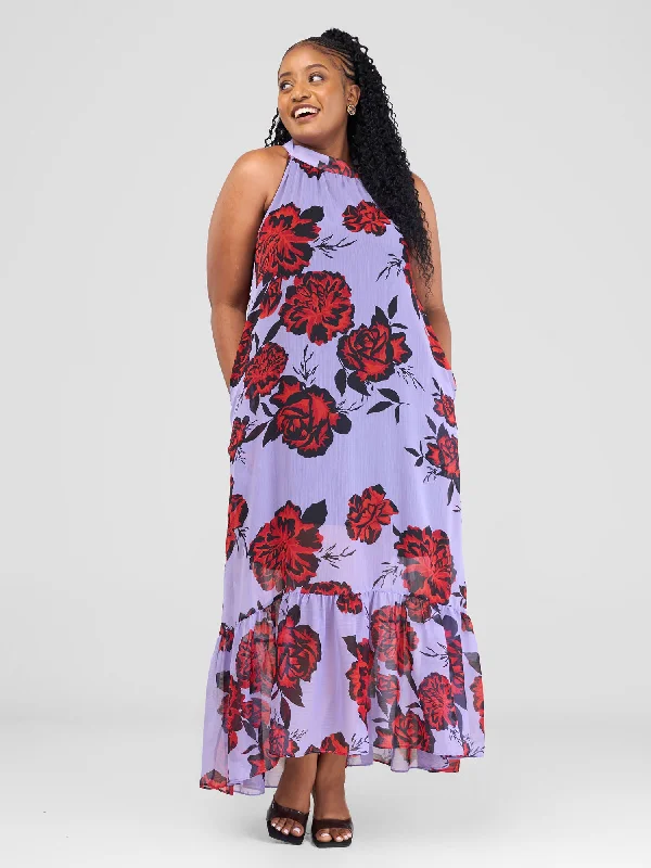 Easy Chic Wear Vivo Halter Maxi Dress With Lining - Purple / Red Print