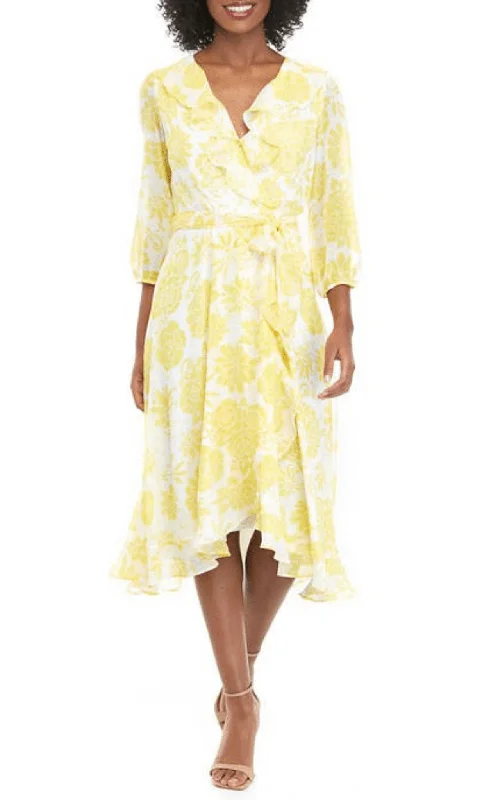 Warm Wear Maison Tara 58399MA - Ruffled V-Neck Floral Cocktail Dress