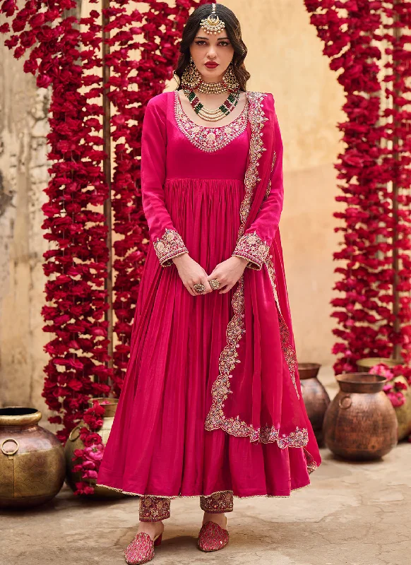 Soft Trends Hot Pink Embroidered Satin Anarkali