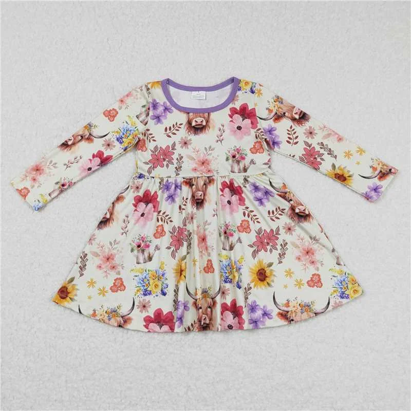 Soft Fabric Looks GLD0399  Baby Girls Long Sleeve Highland Cow Purple Flowers Western Knee Length Dresses