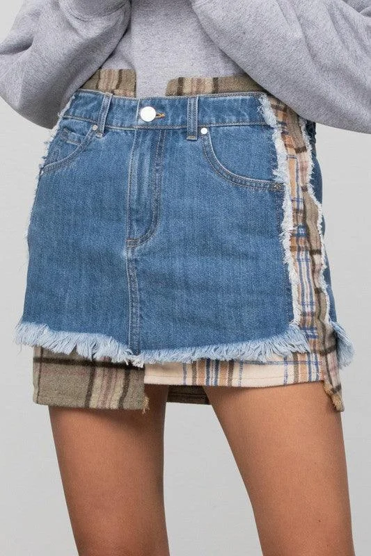 All-Day Outfits Plaid Checker Mini Denim Skirt