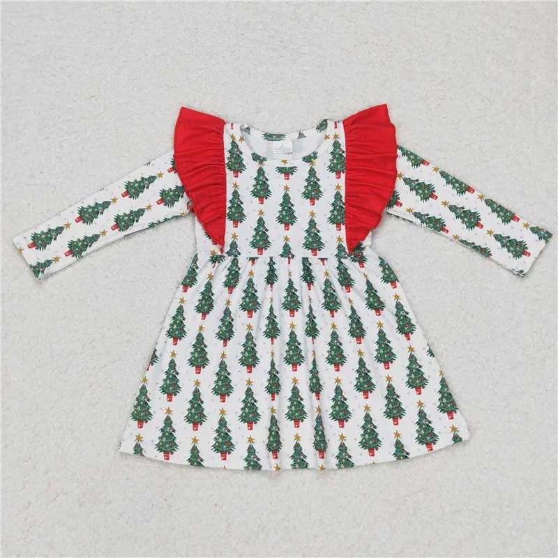 Comfortable Lifestyle GLD0377  Baby Girls Christmas Tree Ruffle Long SleeveKnee Length Dresses