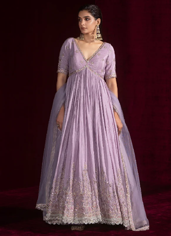 Simple Comfort Lavender Embroidered Crepe Anarkali