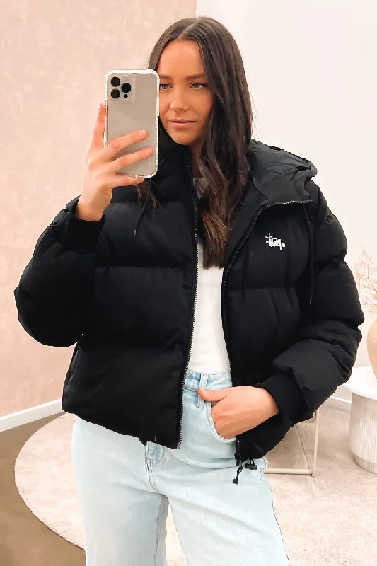 Simple Looks Graffiti Hood Puffa Jacket Black