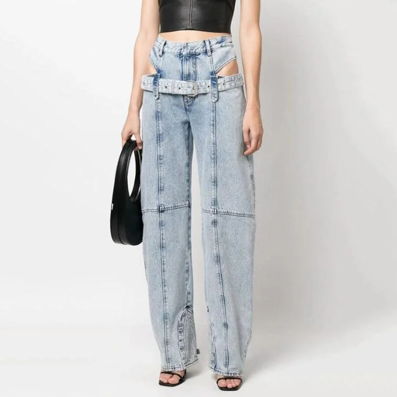 Classic Comfort High Waist Casual Straight Denim Trousers with Hollow Out Detail
