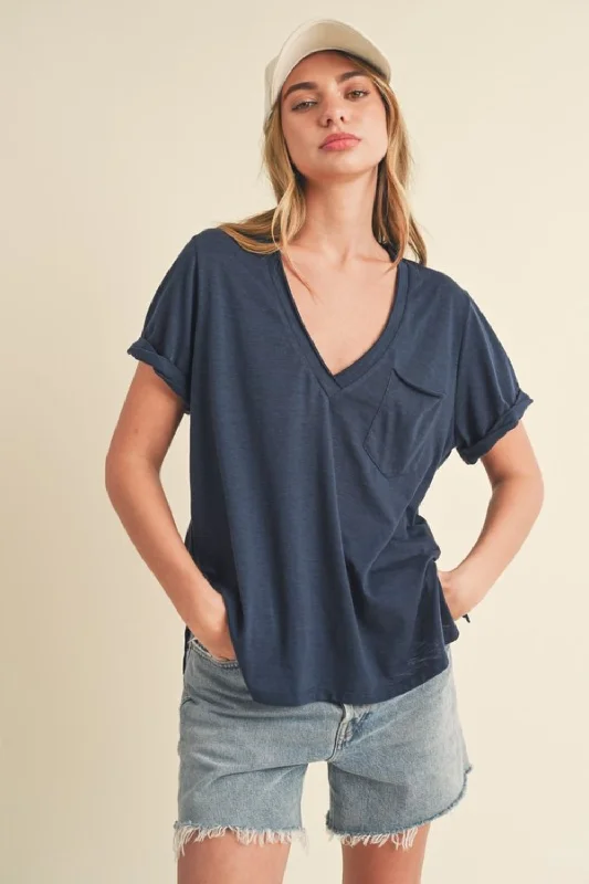 Fashion Comfort Aemi + Co Side Slit V-Neck Short Rolled Sleeve T-Shirt