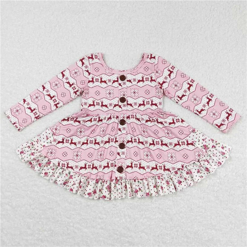 Comfortable Tops GLD0433 Baby Girls Christmas Pink Deer Ruffle Knee Length Dresses