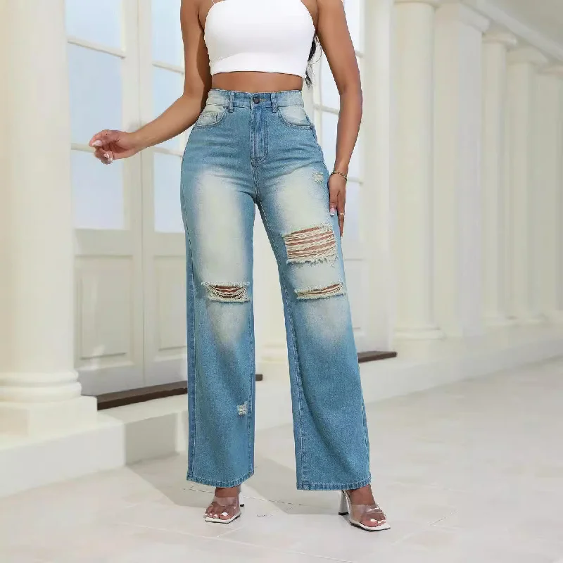 Soft Layers Fashion High Waist Ripped Jeans With Pockets Comfortable Slim Fit Trousers Straight Wide-leg Pants Womens Clothing