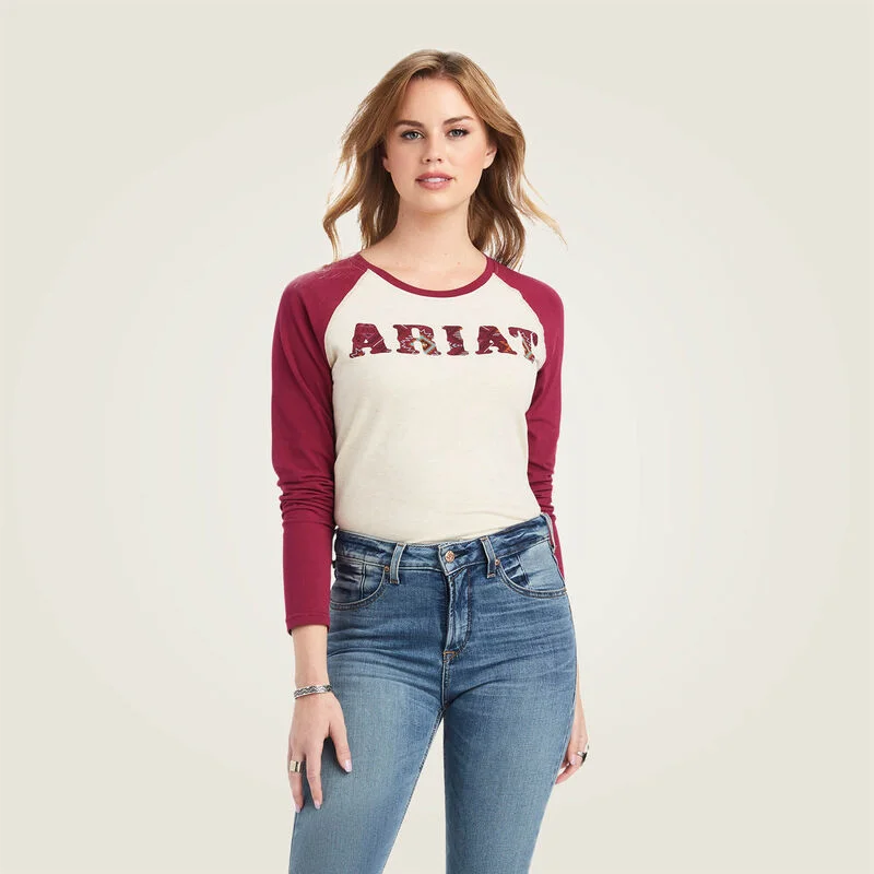 Warm Wear Ariat Women's REAL Ariat Baseball Shirt, Oatmeal Heather|Beet Red