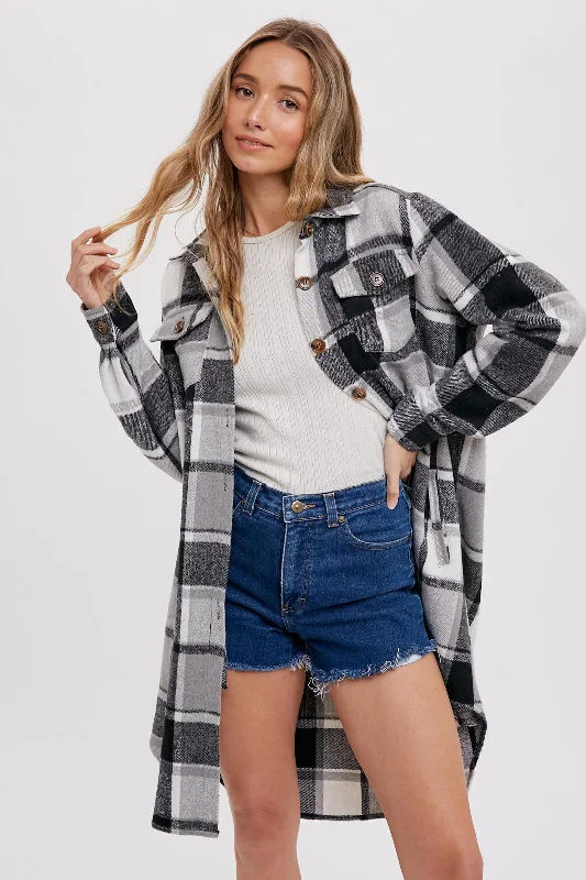 Comfortable Tops Black Plaid Fleece Long Shirt Jacket