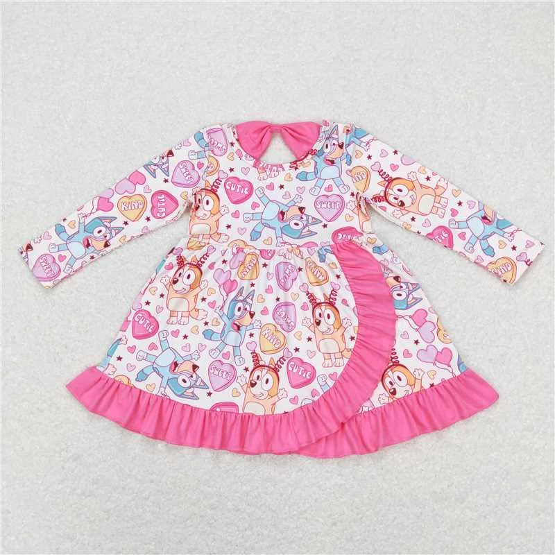 Easy-to-Wear GLD0497  Baby Girls Valentines Dogs Ruffle Knee Length Dresses