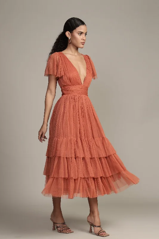 Stylish Casuals Madison Terracotta Pink Tulle Bridesmaid Midi Dress