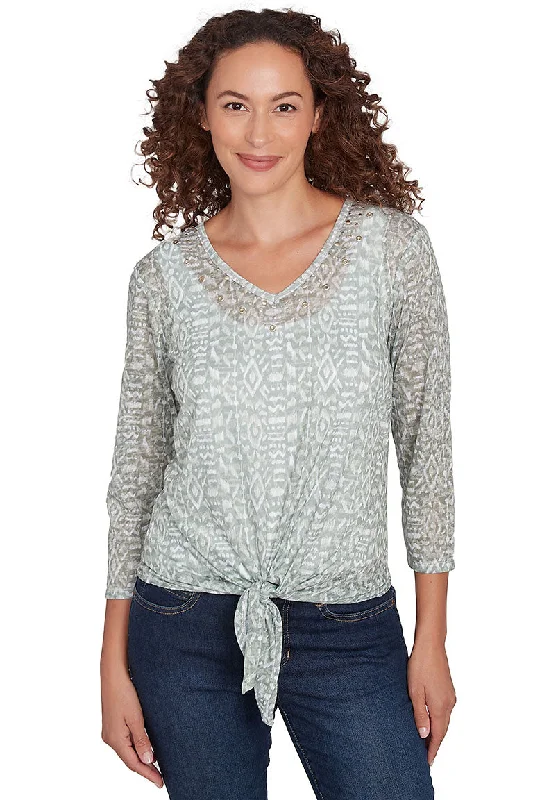 Elegant Casuals Petite Spring Forward Ikat Studded Neck Top