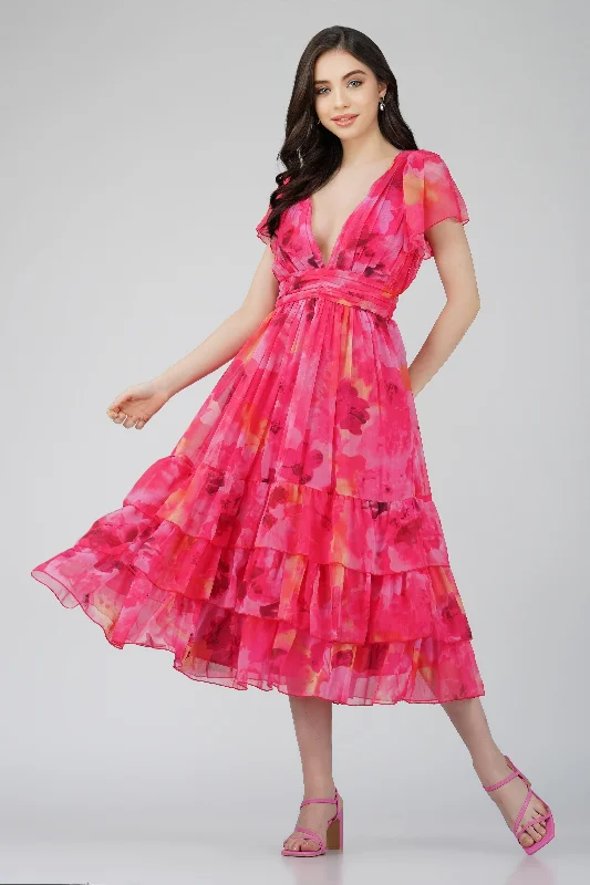 Casual Comfort Wear Madison Sunset Pink Chiffon Midi Dress
