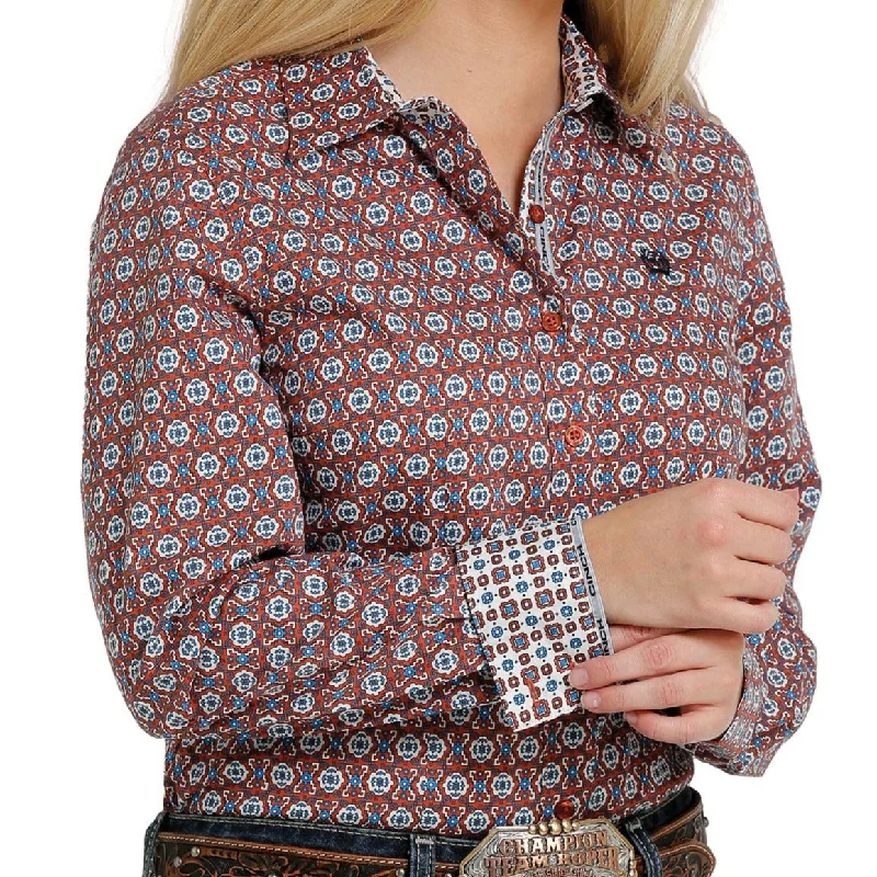 Light Fit Cinch Women's L/S Rust Geometric Button Down Shirt