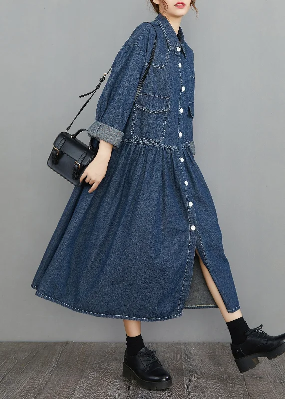 Cozy Essentials Wear Organic Navy Oversized Patchwork Wrinkled Denim Vacation Dresses Spring